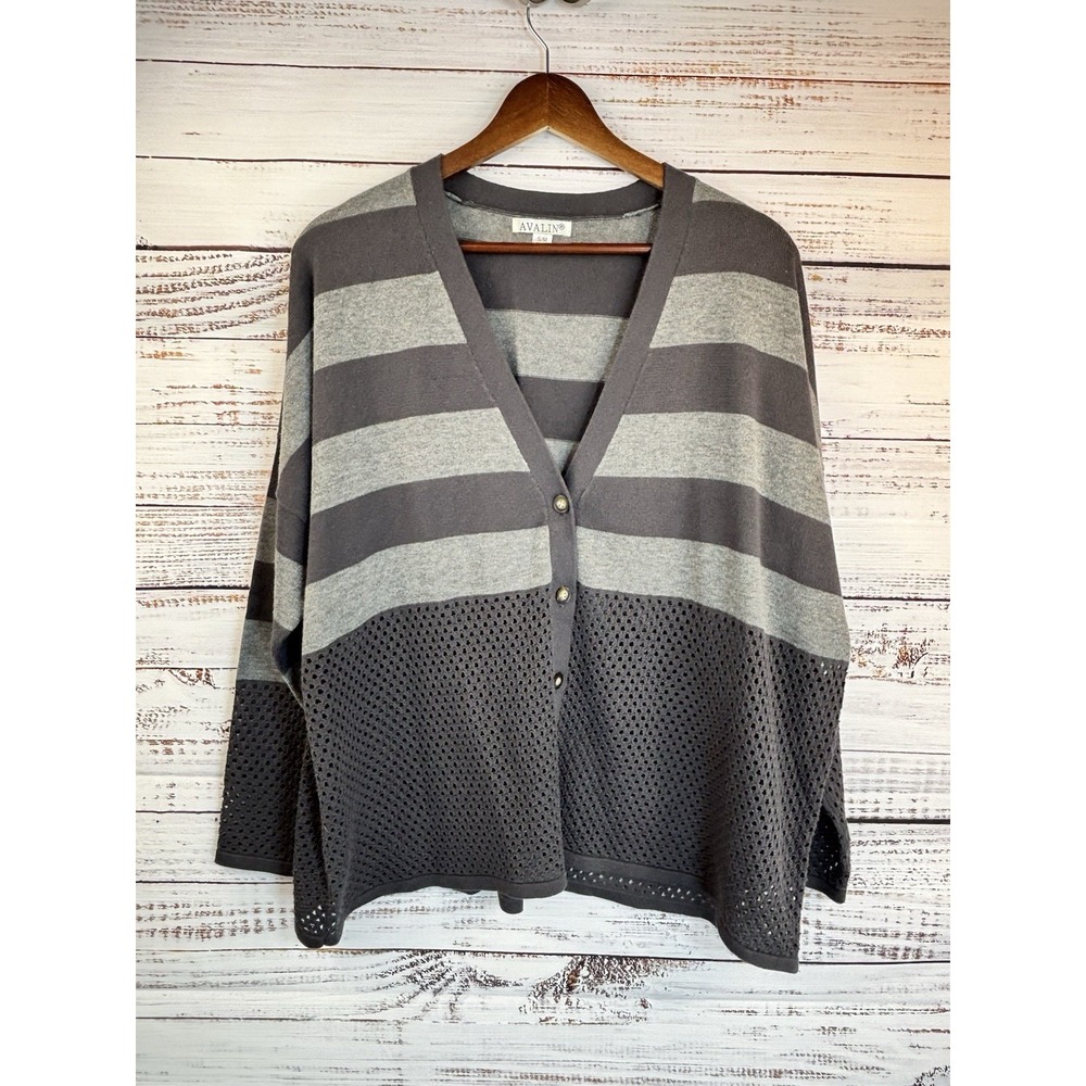 Vintage Y2K Avalin Cardigan  S/M Oversized V-Neck Striped Gray Mesh Grunge